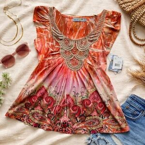 NWT Unity World Wear Boho Fairy Top Orange & Pink Womens Size S Petite